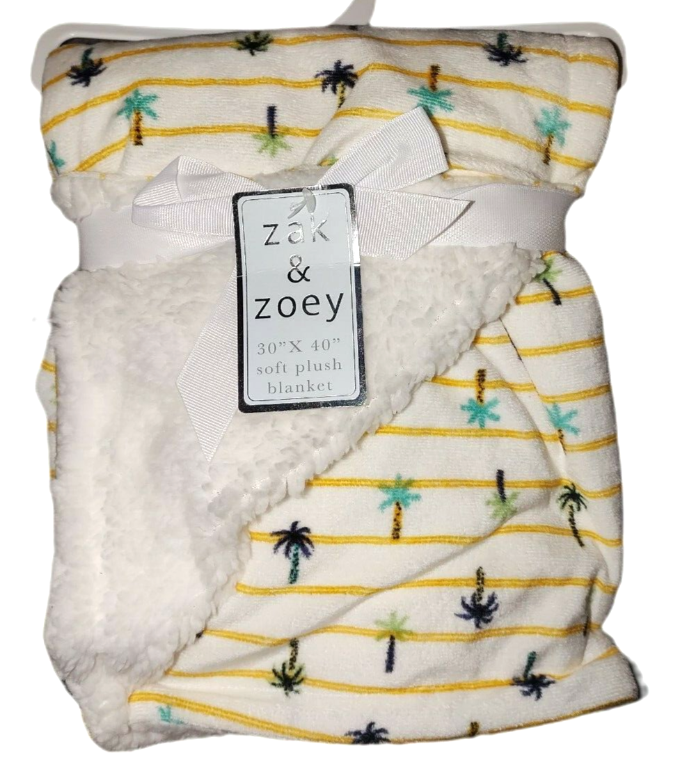 Zak & Zoey Plush Palm Tree Gold Yellow Stripe White Sherpa Baby Blanket