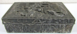 Antique Chinese Metal Storage Box Raised Dragon and Bamboo Symbols Wood Lined - £69.62 GBP