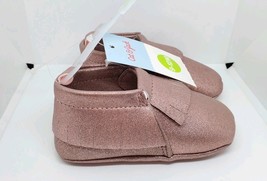 Cat & Jack Baby Girls 9-12 Month Faux Leather Fringe Moccasin Shoes Gold/Pink image 3