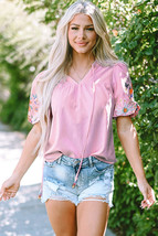 Pink Floral Embroidered Puff Sleeve Split Neck Blouse - £37.78 GBP