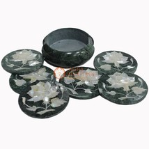 Green Round Marble Custom Coaster Set Mother of Pearl Inlay Precious Sto... - £261.23 GBP