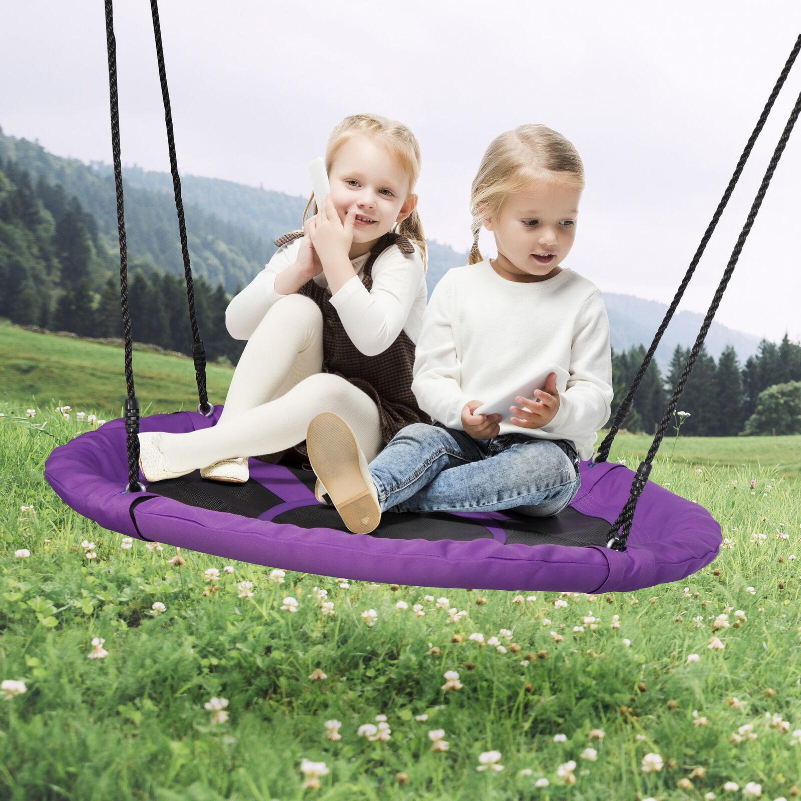 40" Spider Saucer Swing Set 360 Rotation Height Adjustable Metal Frame, Purple