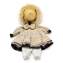 Doll Dress Kit Hat Pants and Dress Cotton Beige and Blue Straw Hat Vintage - £15.59 GBP