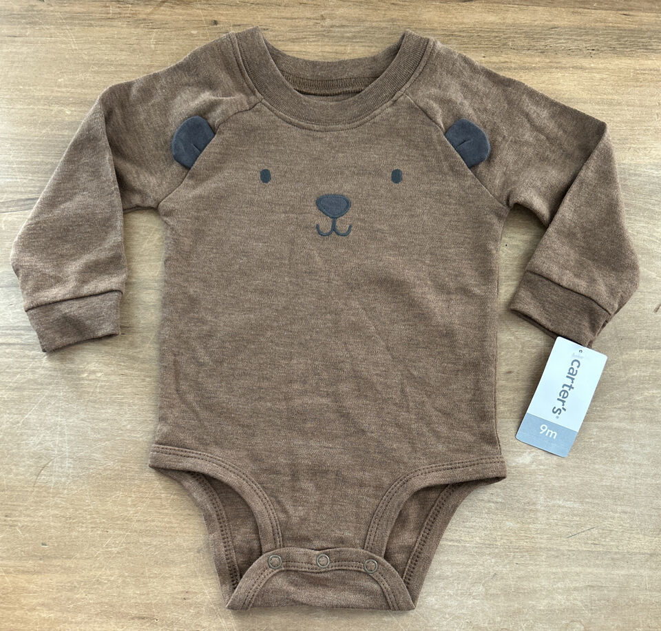 Primary image for Carter's Infant 9M Brown Long Sleeve Bodysuit Baby Bear Face Cotton Blend NEW