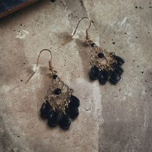 Teardrop Dangle Vintage Earrings Women Jewelry Costume Gold Tone Black G... - £11.03 GBP