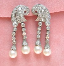 Vintage Retro 2ctw Diamond Pearl Dangle Platinum Clip Cocktail Earrings 1940 - £2,603.62 GBP
