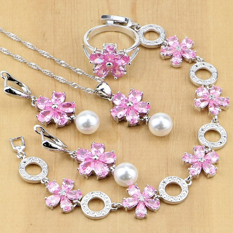 Elegant 925 Sterling Silver Jewelry Sets Pink Zircon With Pearl Beads For Women  - £30.03 GBP