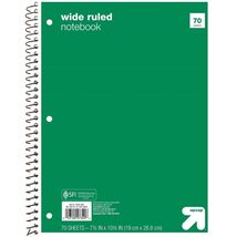 Up&amp;up Wide Ruled 1 Subject Spiral Notebook Green 70 Pages 3 Hole Punched - $11.05