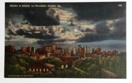 Skyline of Atlanta by Moonlight Night Georgia GA Linen Tichnor Postcard c1940s - $6.99