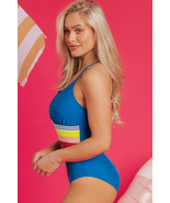 Prussian Blue Contrast Stripe Accent Crisscross One Piece Swimwear - $13.97