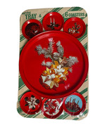 Vintage Atlantic Metal Red Christmas Round Serving Tray and 6 Coasters S... - $26.72