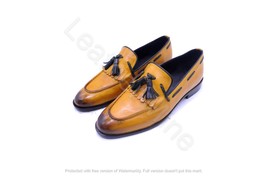 Men&#39;s Handmade Yellow Leather Tassel Loafers Dress Shoes For Men - £109.34 GBP