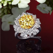 Beautiful Yellow 8.5ct Round Cut Citrine With Heart Stone Flower Ring 925 Silver - £451.38 GBP