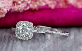 Halo Bridal Wedding Ring Set 2.85Ct Round Cut Moissanite 14K White Gold Size 7 - £259.07 GBP