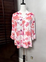 Lila Rose Womens Tunic Top Pink Orange Floral Crepe Notch Neck Pullover Blouse S - £8.21 GBP
