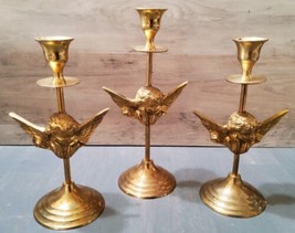 Vintage Angels Face Brass Candle Stick Holders Flutes Set 3 Cherub Staggering - £37.05 GBP