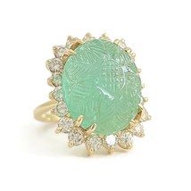 Vintage Carved Green Emerald Diamond Halo Cocktail Ring 14K Yellow Gold ... - $5,995.00