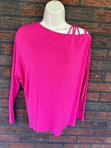 Neon Pink 1980s Shirt Small 3/4 Sleeve One Side String Cold Shoulder Whi... - $9.50