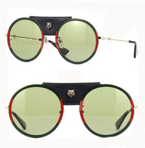 GUCCI 0061 Gold Green Stripe Leather Tiger Stud Sunglasses GG0061S Unisex 017 - £411.50 GBP