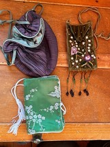 Lot of Small Green Velvet w Purple Embroidered Flowers Fabric Cinch Sack... - £8.82 GBP