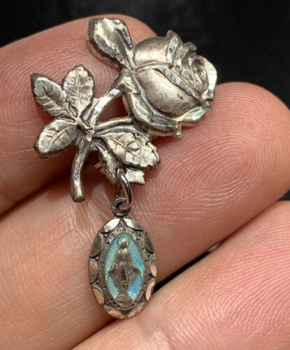 Vintage Sterling Silver Rosebud Blue  Enameled Medal Pin - $33.30