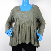 Free People New Hope Baby Doll Top Blouse Green M 8 10 Oversized Keyhole Lace LS - £23.35 GBP