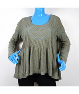 Free People New Hope Baby Doll Top Blouse Green M 8 10 Oversized Keyhole Lace LS - £23.28 GBP