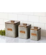 Set of Galvanized Canisters With Wood Lids - Flour, Coffee, Sugar - £68.35 GBP