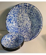 Enamel Blue and White Splatter Large 12&quot; Serving Bowl with 4 Smaller Bowls - $68.60 CAD