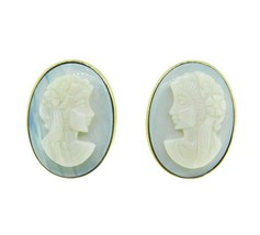 14k Yellow Gold Carved Genuine Natural Opal Cameo Earrings (#J3020) - £817.99 GBP
