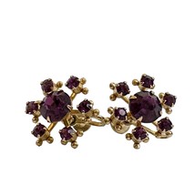 Vintage Womens Screwback Gold Earrings Purple 7 Gem Stone Round Shape - £17.05 GBP
