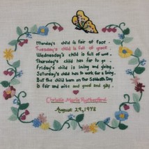 Birth Crewel Sampler Nursery Finished Butterfly Prayer Floral Baby GVC 70s - $12.95