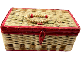 Vintage Woven Sewing Basket w Red Trim Satin Interior Notions Patches Needles - $24.14