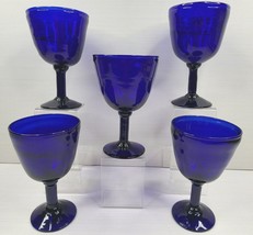 5 Mexican Hand Blown Cobalt Blue Water Goblets Set 7&quot; Wine Barware Art Glass Lot - £47.96 GBP