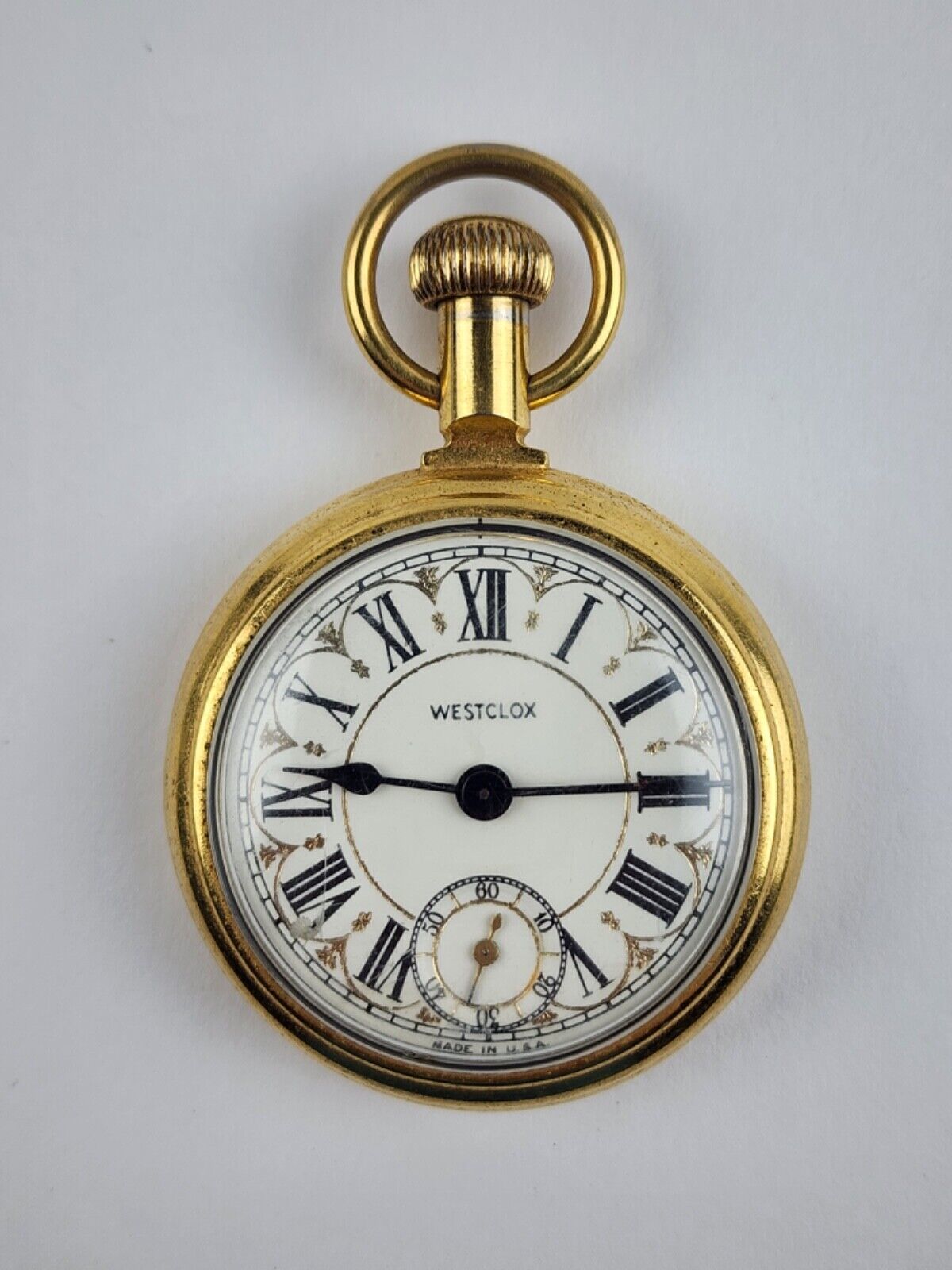 Westclox Gold Tone Pocket Watch Running Sub Dial Roman Numeral -Train engraved - $46.52