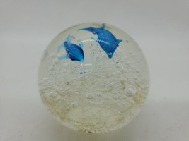 Vtg ART GLASS Hand Blown Round Paperweight Swimming Dolphins Bubbles 2.5&quot; - £11.63 GBP