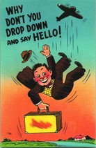 Comic Airplane Skydiving Drop Down and Say Hello UNP Linen Postcard Unused - £2.92 GBP