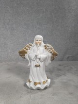 Vintage White &amp; Gold Porcelain Angel Playing Instrument Candlestick Hold... - $11.98