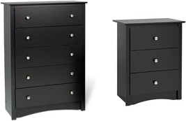 Prepac Sonoma Nightstand, Tall 3-Drawer, Black &amp; Black Sonoma 5 Drawer Chest - £257.99 GBP