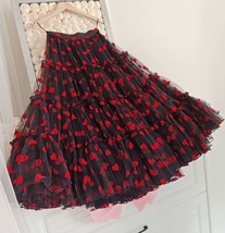 BLACK Layered Tulle Midi Skirt Heart Pattern Women Romantic Holiday Tulle Skirt