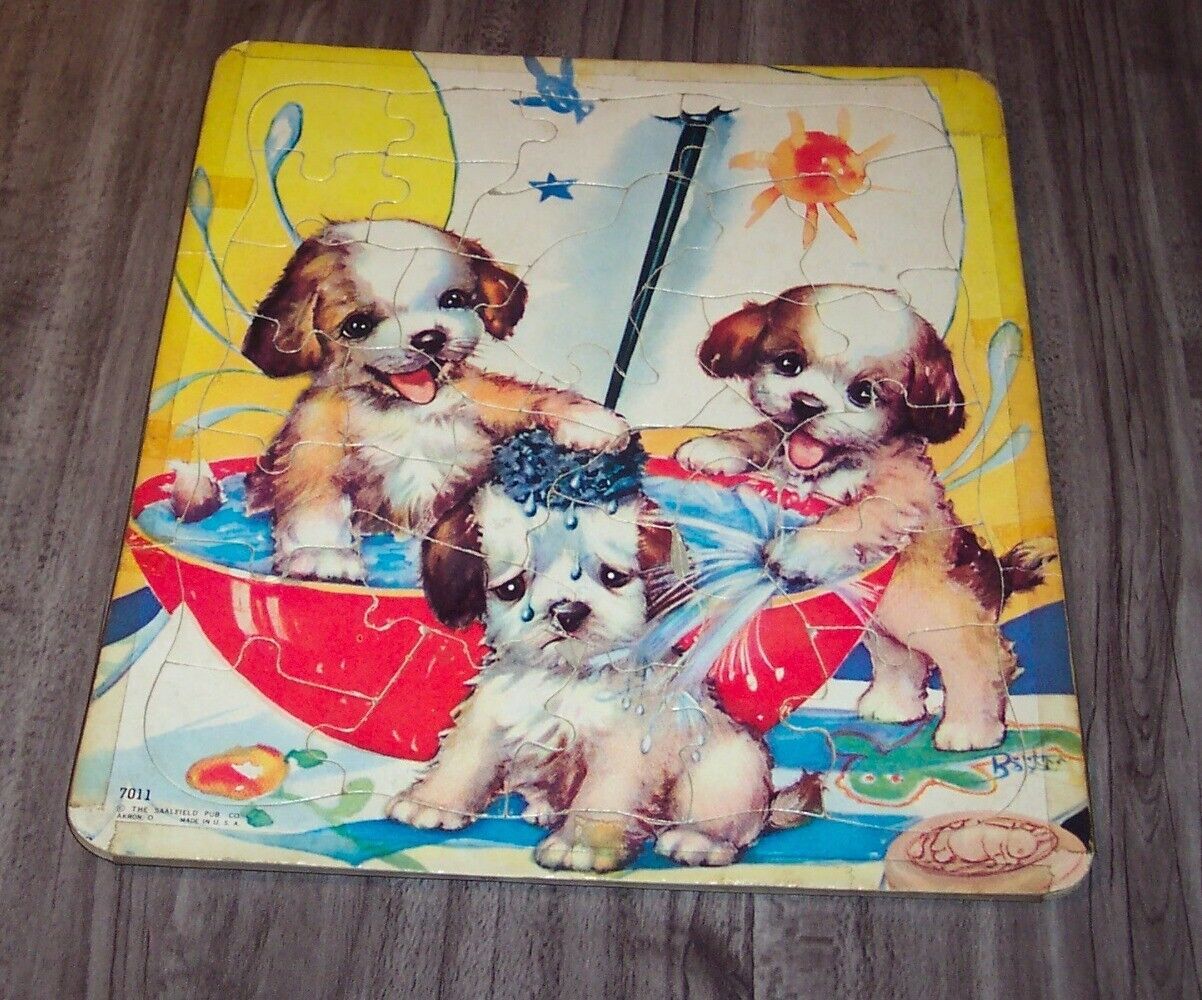 Antique 1950's DOG PUPPY DOGS Taking a Bath Inlaid Children's Puzzle SAALFIELD - £12.84 GBP