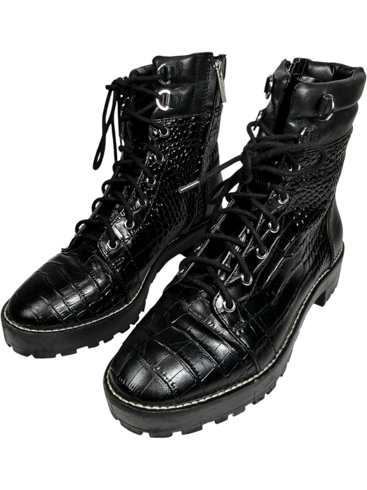 Gianni Bini women's Croc Embossed Black Leather Zip Lace-up Combat Boots size 8M Item image 7