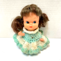 Vintage Kitschy 60s 70s 5&quot; Doll Handmade Crocheted Outfit Brown Hair Blue Eyes - £18.77 GBP