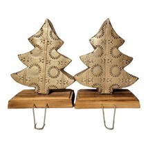 VTG Set of 2 Gold Tone Cut Out Metal Christmas Tree Stocking Hangers Wood Base  - £25.76 GBP