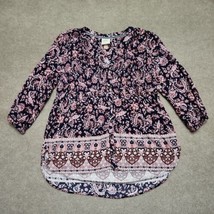 Knox Rose Floral Smock Top Womens M Blue 3/4 Sleeve Hi Low Button Tunic Bohemian - £19.31 GBP