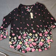 Investments II Women&#39;s 2X Black Pink Floral Relax Fit Plus Sz Top Tunic Roll Tab - £19.94 GBP