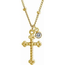 Authenticity Guarantee 
14k Yellow Gold Beaded Cross with Diamond Dangle Neck... - £638.68 GBP