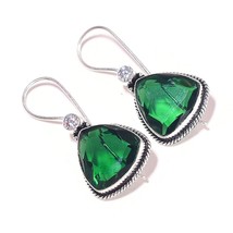 Diopside Glass, Cubic Zirconia Gems 925 Silver Overlay Handmade Dangle Earrings - £9.53 GBP