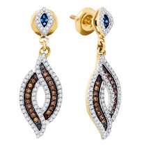 10k Yellow Gold Womens Round Brown Blue Color Enhanced Diamond Dangle Earrings - £439.88 GBP