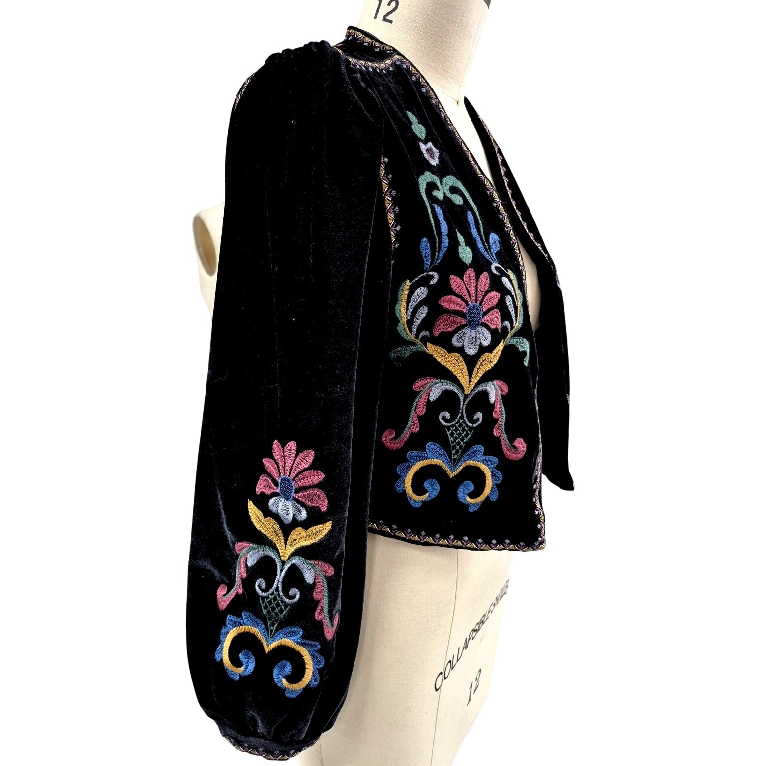 80s Velvet Festival Jacket Embroidered Floral Bolero | Balloon Sleeves Black L Item image 3